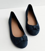 New Look Wide Fit Navy Suedette Bow Ballerina Pumps